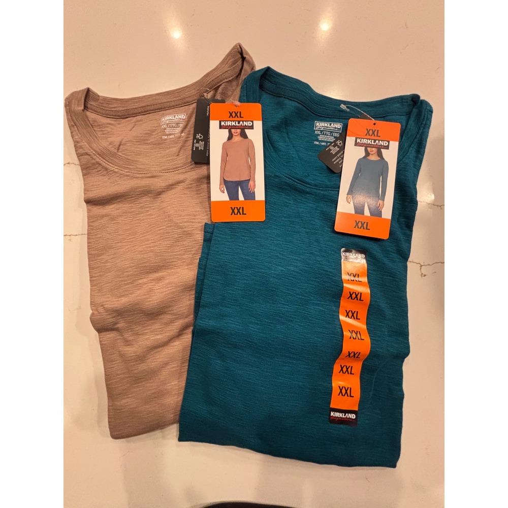 NWT Kirkland XXL Long Sleeve Crewneck Slub Tee Women Tan Teal 2 Pack